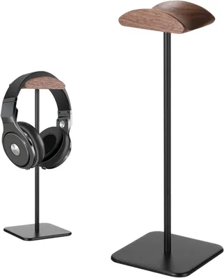 Image de Support pour casque de bureau, avec un dessus en bois de noyer, une base en métal, et une hauteur de 28 cm