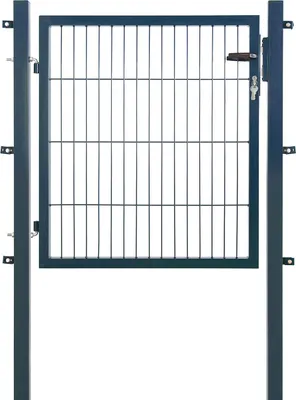 A single garden gate with a lock and key, mounted on two posts, against a white background.
