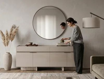 Obrázek produktu pro Moderní béžová komoda, nábytková sestava ze světlého dřeva, minimalistický design
