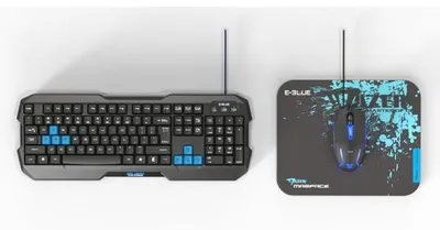 Immagine prodotto di E-blue Polygon, set tastiera-mouse Cobra II, USA, gaming, con tappetino per mouse Mazer Marface S, cablato (USB), nero e blu
