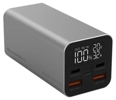 Imagen del producto de GoGEN PB200009S, batería externa de 20.000 mAh, con carga rápida PD de 65 W, color plateado