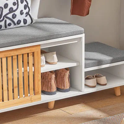Produktbild von SoBuy FSR125-WN Schuhbank mit 2 Sitzflächen und 1 Schiebetür Sitzbank mit Stauraum Schuhschrank Dielenbank Schuhtruhe Sitzkommode für Kinder Schuhregal BHT ca.: 101x46x35cm
