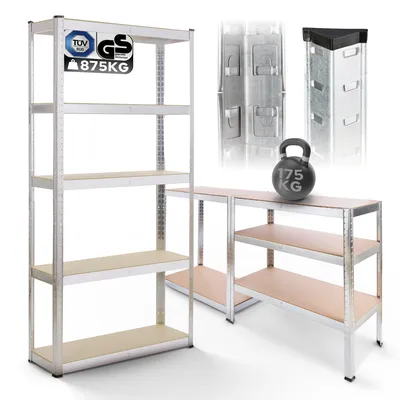 Produktbild von AREBOS regály pre vysoké zaťaženie 180x90x40cm 875kg nosnosť 0,63mm 5 MDF dosiek Regály Skladové regály Pivničné regály Zásuvné regály Dielenské regály pozinkované bez skrutiek