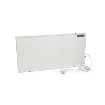 A white infrared panel heater with a white power cord and plug is shown against a white background.