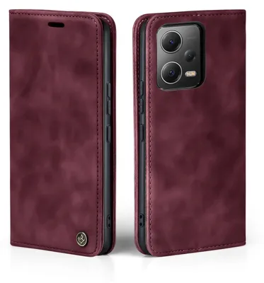 A burgundy flip case for a smartphone is shown from two angles, front and back.
