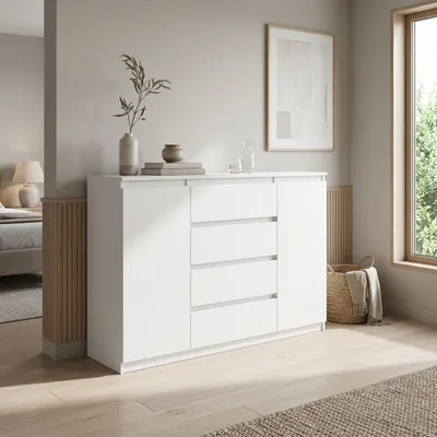 Produktbild von Masseno Kommode NUDO 120 cm Sideboard mit 4 Schubladen und 2 Türen für Wohnzimmer Schlafzimmer Modern 120x39x101,5 cm Weiß / Weiß