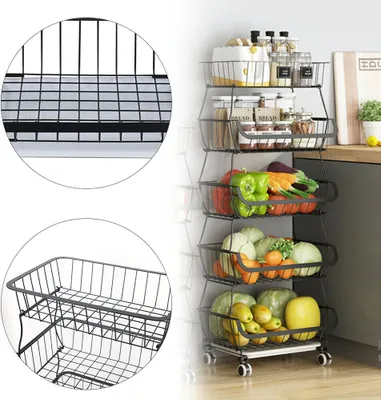 Image de Étagère de cuisine 5 étages Empilable Panier à légumes Panier à fruits Panier de rangement + Roues