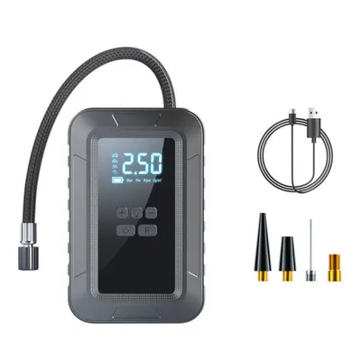 A portable car air pump and its accessories are displayed against a white background.