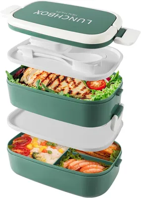 Produktbild von Bento Lunch Box 1500 ml, 4 Fächer, Auslaufsicher, 2-Lagig, BPA-frei, Mikrowellengeeignet, Grün