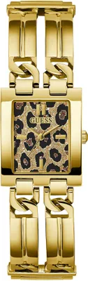A close-up studio shot of a gold Guess watch with a leopard print face.