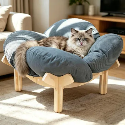 Erhöhtes Katzenbett mit Kissen und Holzbeinen, 55x55x32 cm