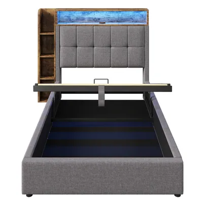 Obrázek produktu pro okwish Čalouněná postel 90x200 Jednolůžková mládežnická postel s funkcí úložného boxu, Rám postele bez matrace, LED osvětlení a otevřené úložné přihrádky, Šedá