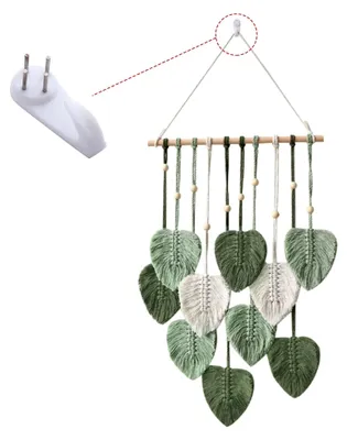 Produktbild von Makramee Wandbehang, Boho Deko Gewebte Blatt Feder Wanddeko mit Holzperlen und grünen Blättern, Handgemachte Wohnungsdekoration, Tapisserie für Schlafzimmer und Kinderzimmer