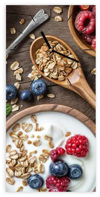 Produktbild von Wanduhr aus Glas mit Motiv Beeriges Müsli- 30 x 60 cm - inkl. Aufhängesystem