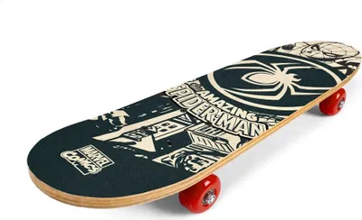 A skateboard with a Spider-Man design is shown against a white background.