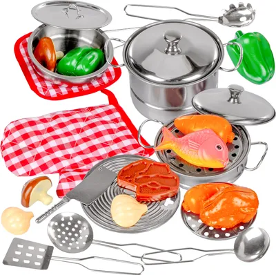Obrázek produktu pro Kinderplay nádobí pro děti kovové, včetně rukavice do trouby a kuchyňského náčiní - pro kuchyňky na hraní, od 3 let, sada na vaření pro děti 23 dílů, sada na vaření pro děti, příslušenství do kuchyně na hraní, plechové nádobí, KP1706