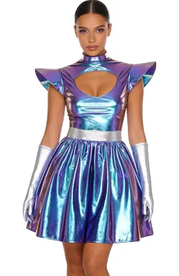Produktbild von Damen Astronautin Kostüm Gr. XL Metallic Alien Space Girl Kleid mit Handschuhen Halloween Fasching Cosplay Karneval Rave Konzert