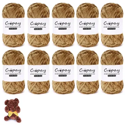 Productafbeelding van Chenille wol voor haken en breien, 1000 gram, khaki kleur, 100% polyester, dikke, pluizige wol