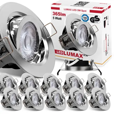 A product shot of multiple LED downlights and their packaging, with some marketing text and certifications visible.