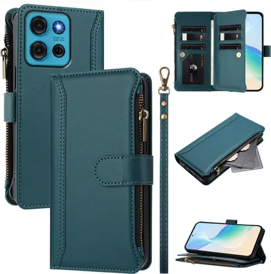 Produktbild von Handyhülle für Motorola Moto G75 Reißverschluss Geldbörse Kunstleder Klapphülle mit Kartensteckplatz, Ständer, Handschlaufe Grün