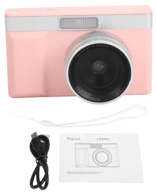 Obrázok produktu pre Digitálny fotoaparát 1080p HD 48 MP v retro štýle na fotografovanie a nahrávanie videí pre vlogy, s otočným displejom o 180 stupňov, podporou OTG, v jasne ružovej farbe
