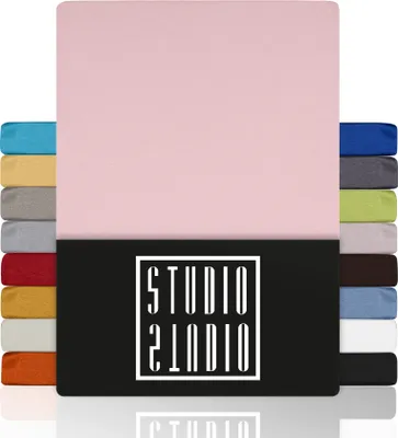 A collection of fabric swatches in various colors, with a large pink swatch dominating the top half of the image. A black rectangle with a white logo is centered at the bottom.