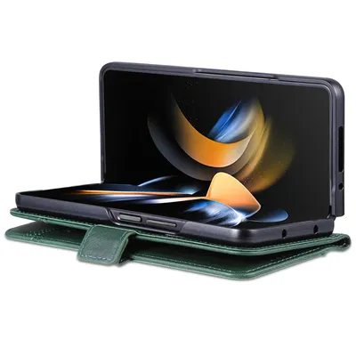 A green leather wallet-style phone case is shown with a phone inside, open and displaying its screen.