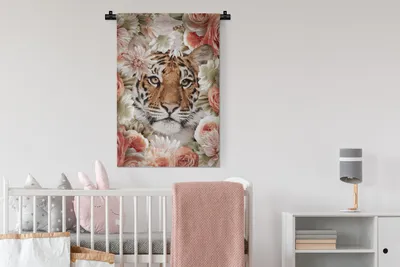 Produktbild von MuchoWow® Wandteppich Wandbehang Tiger - Blumen - Porträt 60x90 cm Tapisserie Dekoration Wandtuch - Foto-Teppich - Abwaschbar