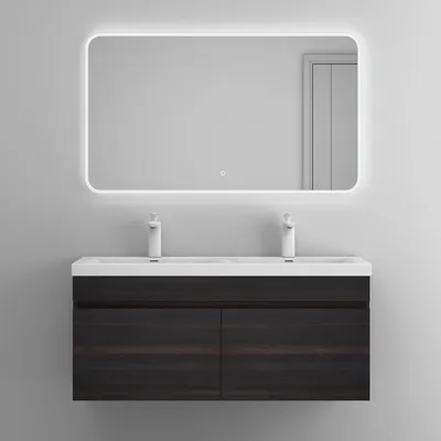 Produktbild von doporro Badmöbel-Set Dunkelbraun Waschbecken-Unterschrank Badezimmerschrank Mineralguss Waschplatz 144x48x55cm inkl. Waschbecken Wandmontage und LED-Badspiegel Botanica
