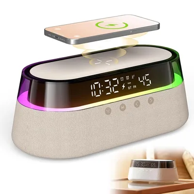 Produktbild von Bluetooth Lautsprecher, 6-in-1 Kabellose Ladestation, Uhr, Lampe, Radio, 1800mAh Schnellladegerät, für iPhone, Samsung und Android-Smartphones