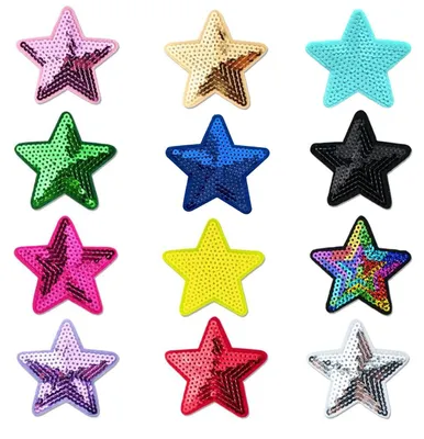 12 Pailletten-Sterne zum Aufbügeln, 12 Farben, Glitzer-Applikationen