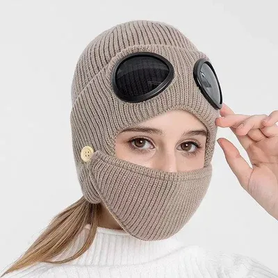 Produktbild von Wintermützen mit integriertem Visier - Khaki Wintermützen - Dicke, warme Outdoormützen - Mützen mit Gesichtsschutz - Herren- und Damenmützen - Mützen für Motorradfahrer - Ski-Mützen - Für das Skifahren - Geerdete Mützen