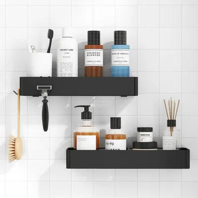 Produktbild von Duschablage ohne Bohren - 2 Stück rostfreie Badezimmer Organizer, schnell trocknende Badregal, mit großer Kapazität, langlebige Shampoo Halterung für Dusche aus Edelstahl, 4 Haken