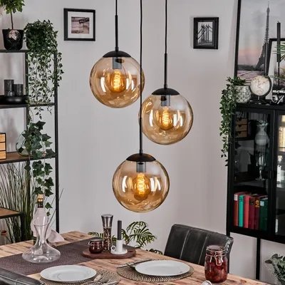Produktbild von Fossobiubo Retro/Vintage Hängelampe aus Metall/Glas in Schwarz/Bernsteinfarben