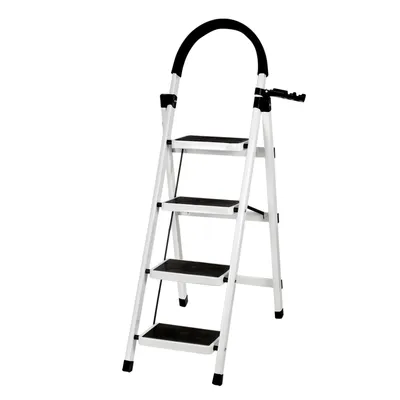 A white step stool with black treads and a black handle grip is shown against a white background.