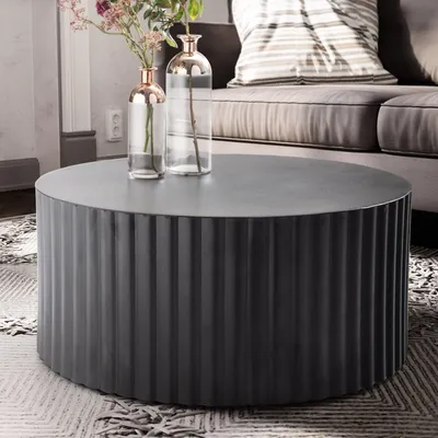 Obrázek produktu pro FineBuy Design Kulatý konferenční stolek 70 cm, kov, černý – Ručně vyrobený hliníkový stolek do obývacího pokoje s lamelovou strukturou – Moderní konferenční stolek do obývacího pokoje