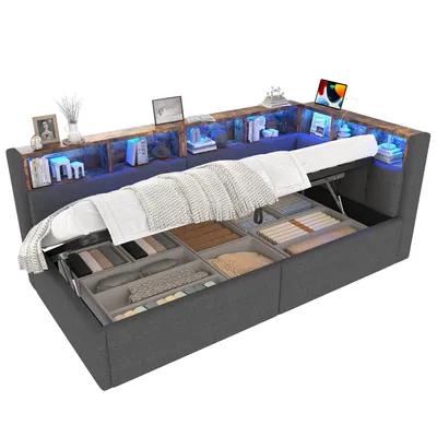 Produktbild von Stauraumbett mit LED-Beleuchtung, Lattenrost, Stauraum, Regal, USB und Type-C Anschlüssen, 90x200cm, Polsterbett, Einzelbett, Schlafsofa, Leinen