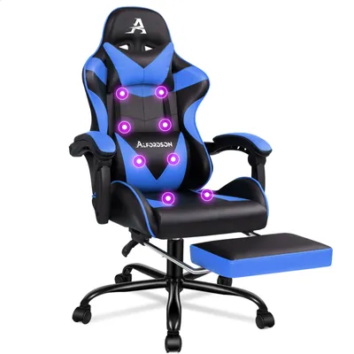 A blue and black gaming chair with a retractable footrest and massage points.