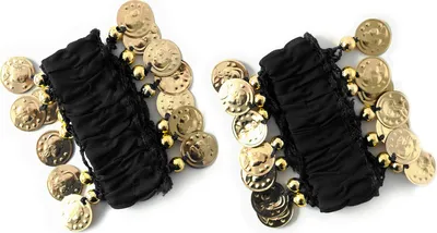 Produktbild von Belly Dance Handkette Armband Handschmuck Fasching Tanzen Bauchtanzen Handgelenk Manschette Verkleidung Armbänder mit goldfarbenen Münzen (Paar) in schwarz