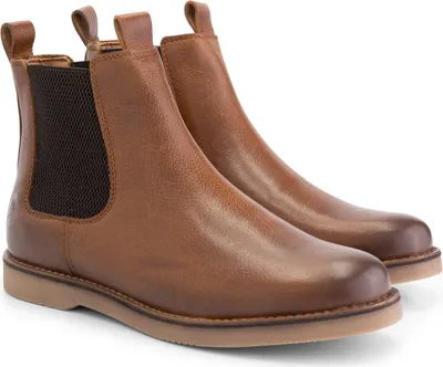 A pair of brown leather Chelsea boots shown from a diagonal angle against a white background.