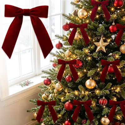 Samt-Schleifen für Weihnachtsbaum, 12 Stück, Burgunder