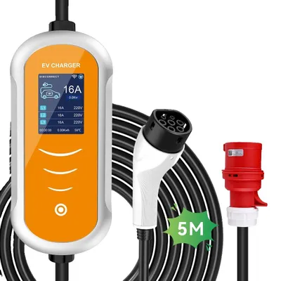 Immagine prodotto di Caricatore per veicoli elettrici, portatile, 11 kW, con regolazione della corrente, 11 kW, 16A, cavo da 5 metri, con connettore di tipo 2