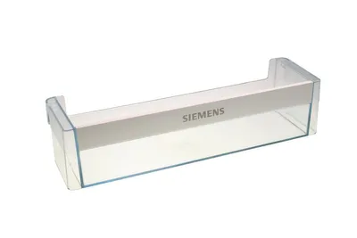 A clear plastic refrigerator shelf with a white strip that has the Siemens logo on it.