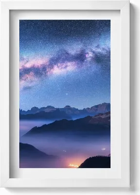 Produktbild von Sternenhimmel über den Bergen– Wandbild mit Rahmen – Gerahmtes Bild  – Wanddekoration – 20x30 cm – Weiß