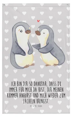 Produktbild von Mr. & Mrs. Panda Wandbild Pinguine trösten - Grau Pastell - Geschenk, Wandteppich, Tapestry, Wandtuch, für Freundin, Hochzeitstag, Valentinstag, Gobelin, Mitbringsel