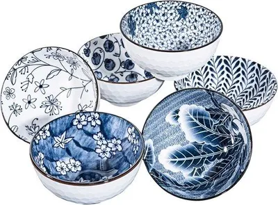 Produktbild von Unyqoos® Japanische Porzellan‑Schalen, 24 oz, blau/weiß, 15,2 cm (6") – Salat-, Suppe- & Reisschalen, stapelbar, spülmaschinen- & mikrowellengeeignet