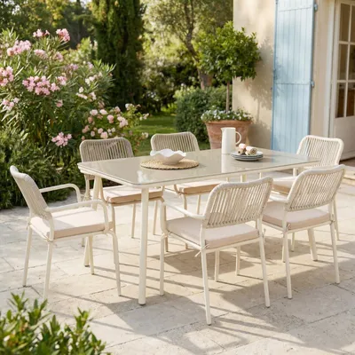 Produktbild von Gartenmöbel Set VOLONTE 1 Tisch 6 Stühle, Beige – Wetterfeste Sitzgruppe mit Glasplatte & Rope-Bespannung für Garten Terrasse Balkon