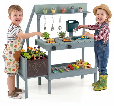 Image de COSTWAY, cuisine de jeu d'extérieur pour enfants, avec réservoir d'eau, robinet, évier, jardinière, 2 pots de fleurs, 2 plaques de cuisson et accessoires de cuisine, cuisine pour enfants à partir de 3 ans