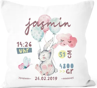 Produktbild von personalisierbares Kissen zur Geburt mit Hase, Geburtskissen, Namenskissen Geschenk Geburt Baby Mädchen Wunschname SpecialMe® weiß unisize