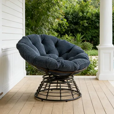 Obrázok produktu pre LVHOM Otáčavé kreslo Papasan 360°, lounge kreslo s vankúšmi, otočné kreslo s kovovou konštrukciou, čitateľské kreslo z manšestru do obývačky a na vonkajšie použitie, 92 x 67 cm, modré